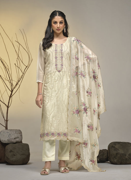 Ivory Soft Organza Embroidered Pant Kameez