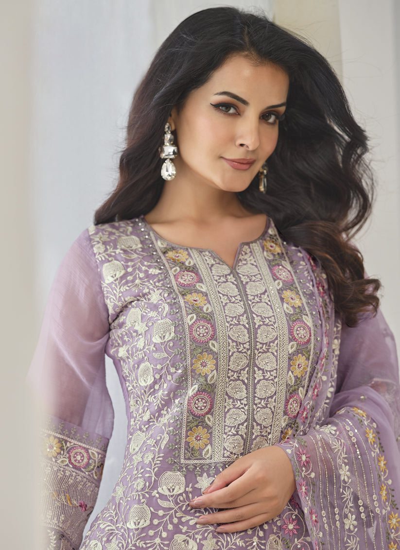 Mauve Organza Chiffon Embroidered Pant Kameez