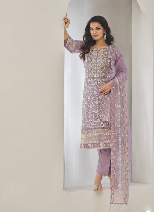 Mauve Organza Chiffon Embroidered Pant Kameez