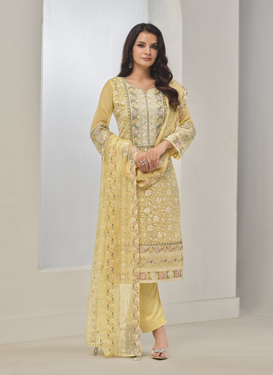 Maize Yellow Organza Chiffon Embroidered Pant Kameez