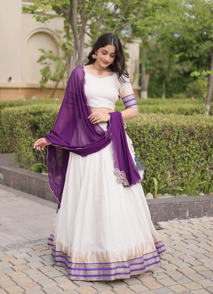 White Viscose Jacquard Designer Embroidered Chaniya Choli