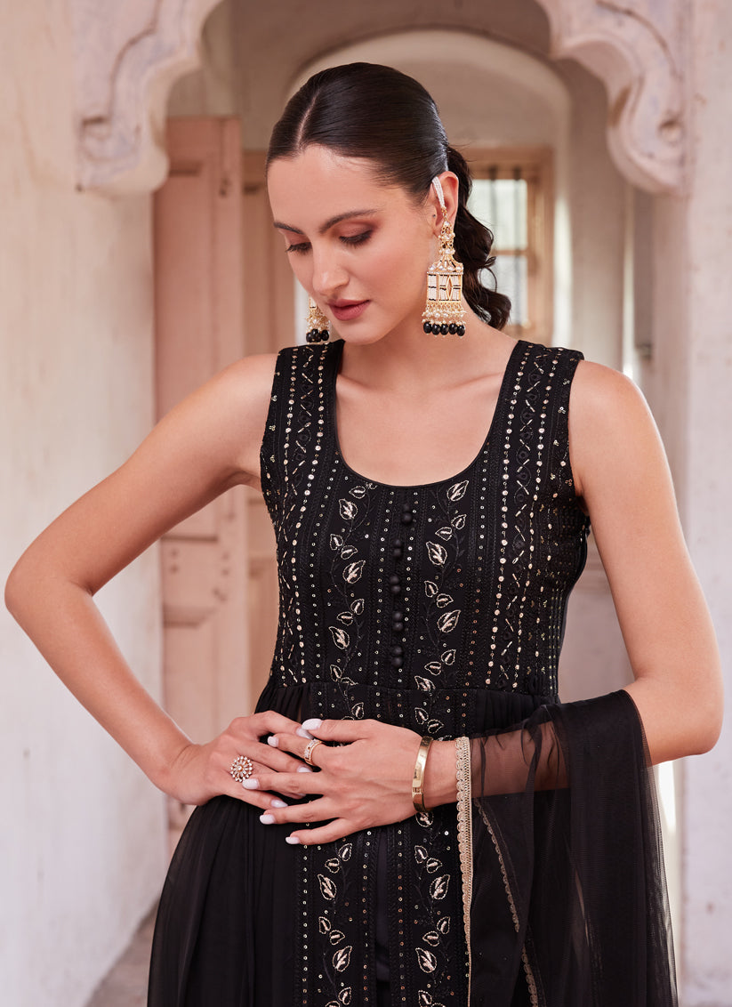 Black Georgette Designer Pant Kameez Suit