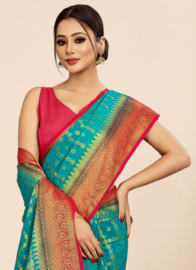 Aqua Viscose Georgette Designer Saree