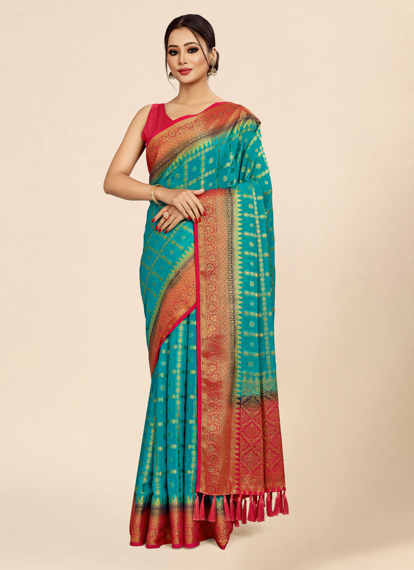 Aqua Viscose Georgette Designer Saree