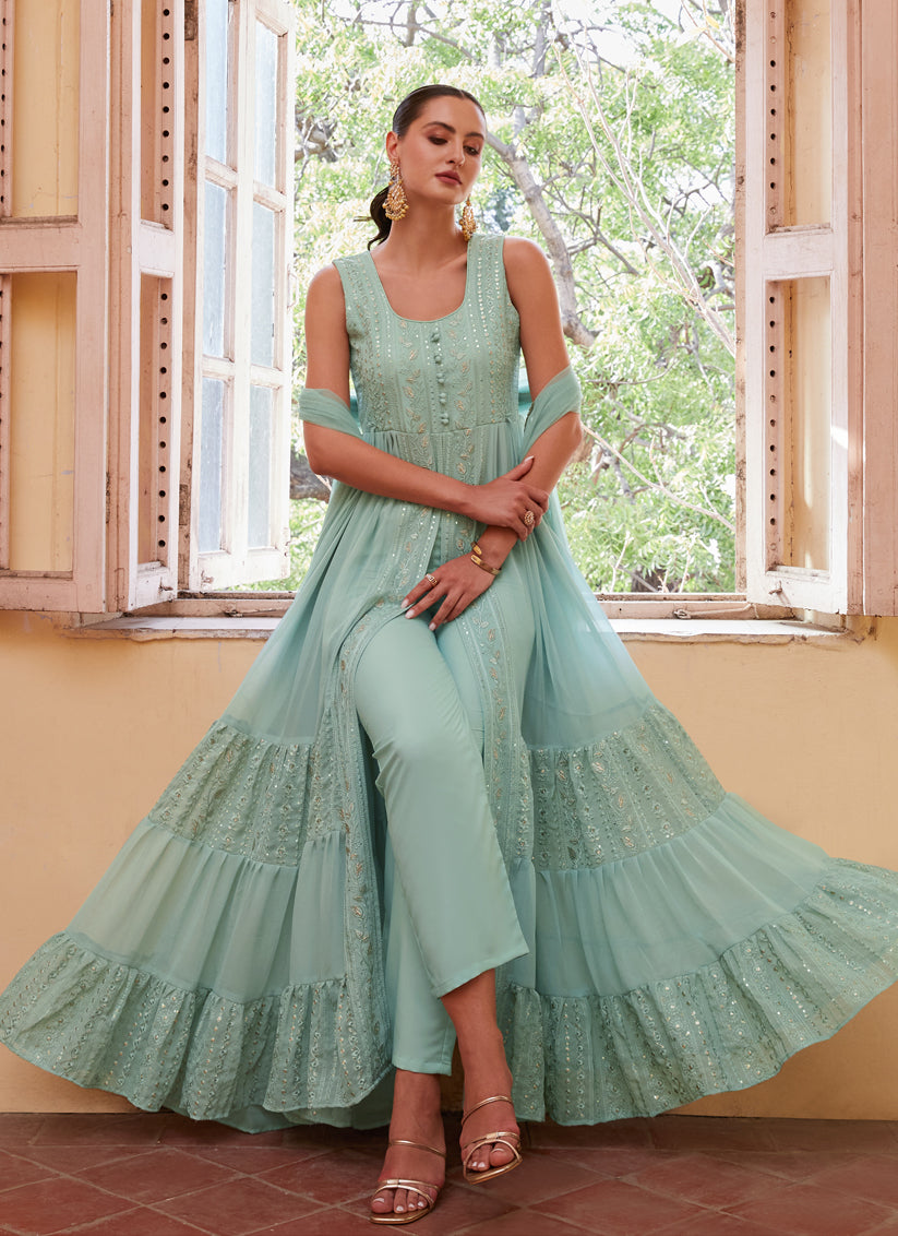 Mint Blue Georgette Designer Pant Kameez Suit