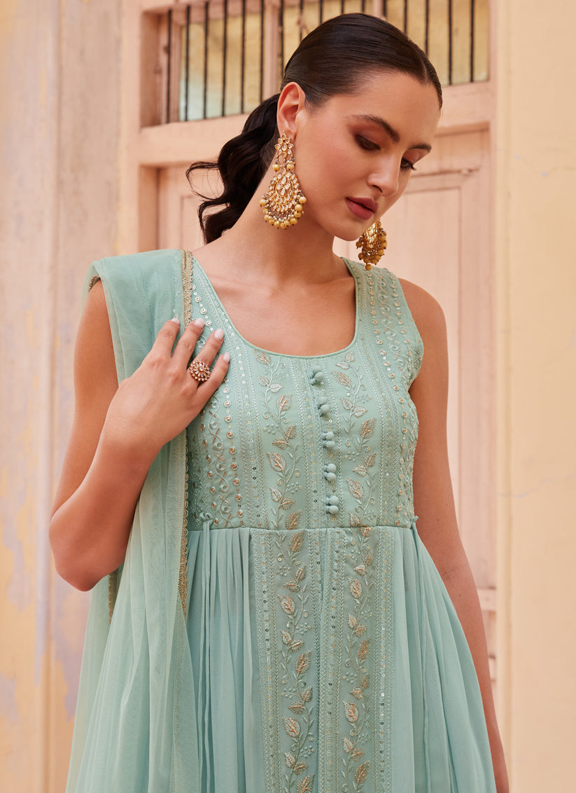 Mint Blue Georgette Designer Pant Kameez Suit