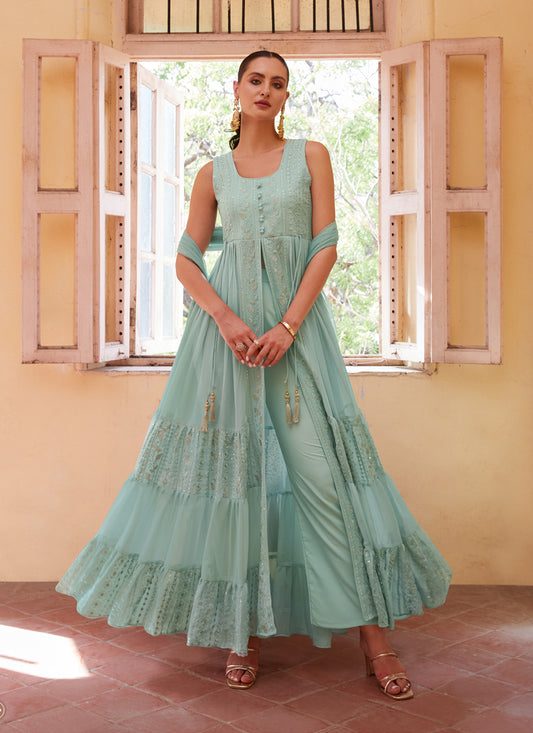 Mint Blue Georgette Designer Pant Kameez Suit