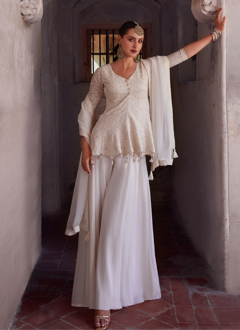 Off White Embroidered Georgette Designer Indo Western