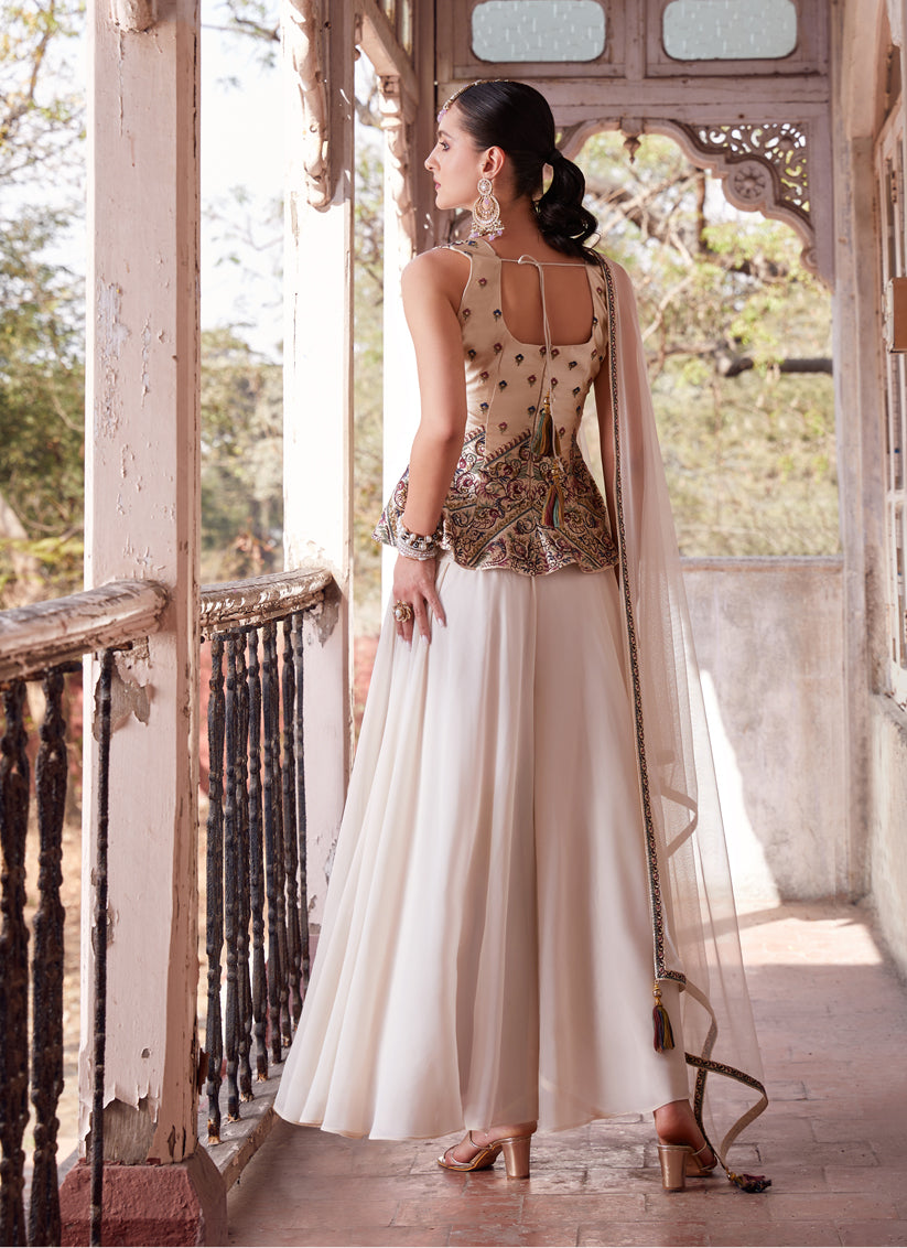 Off White Embroidered Satin Designer Indo Western