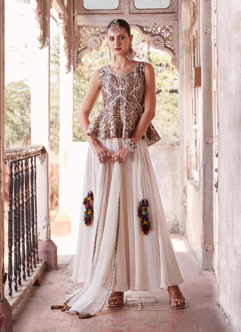 Off White Embroidered Satin Designer Indo Western