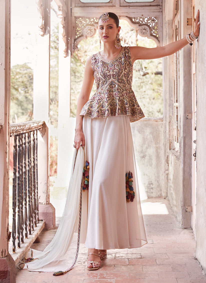 Off White Embroidered Satin Designer Indo Western