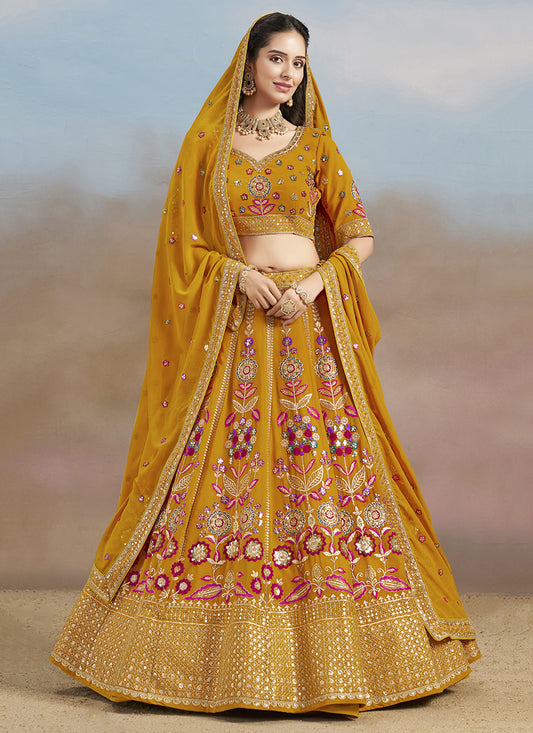 Mustard Yellow Designer Georgette Lehenga Choli Set for Wedding
