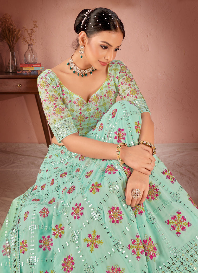 Turquoise Georgette Embroidered Designer Lehenga Choli