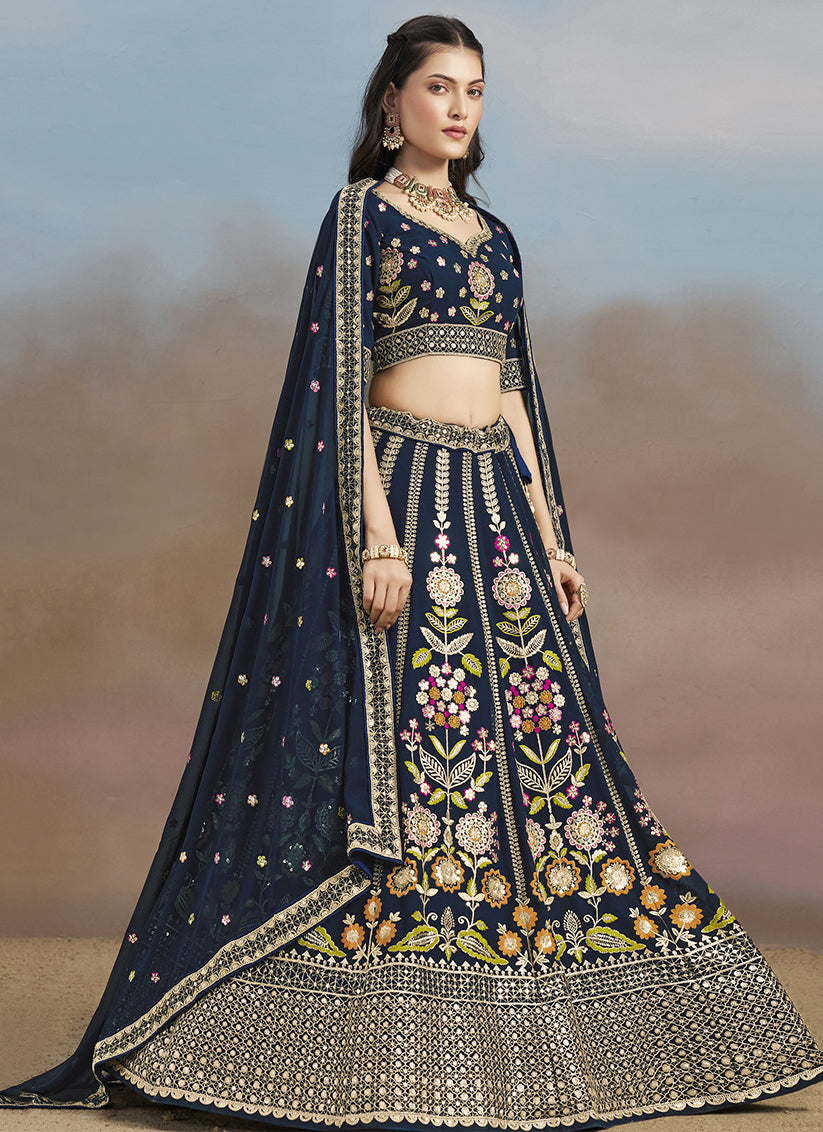 Navy Blue Designer Georgette Lehenga Choli Set for Wedding