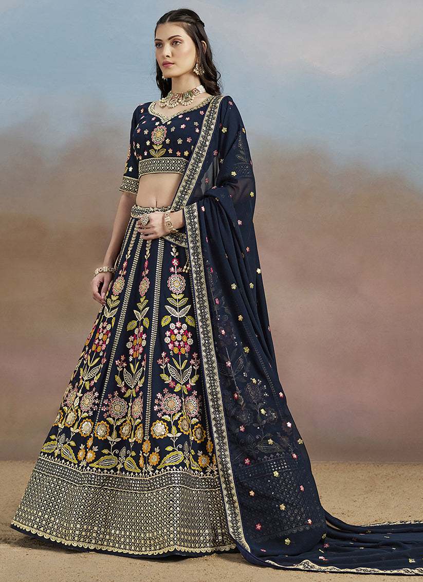 Navy Blue Designer Georgette Lehenga Choli Set for Wedding