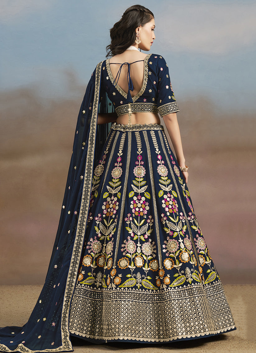Navy Blue Designer Georgette Lehenga Choli Set for Wedding