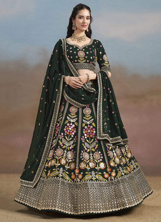 Bottle Green Designer Georgette Lehenga Choli Set for Wedding