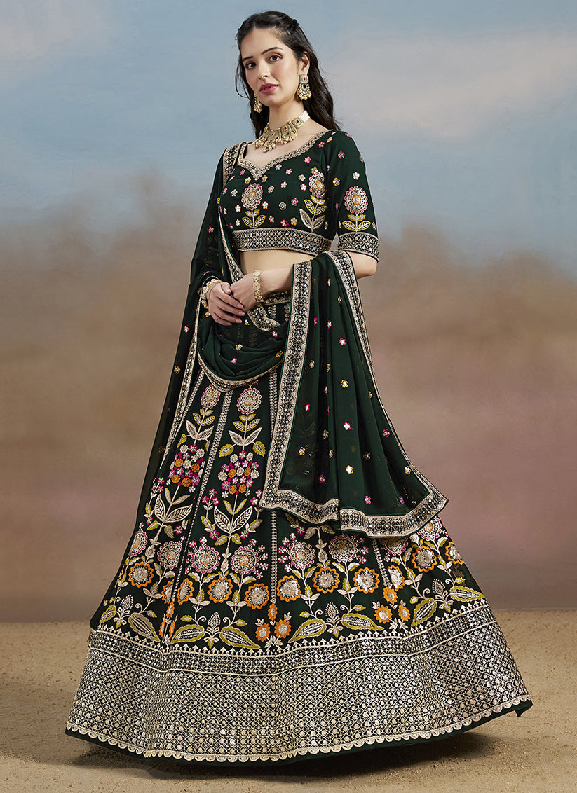 Bottle Green Designer Georgette Lehenga Choli Set for Wedding