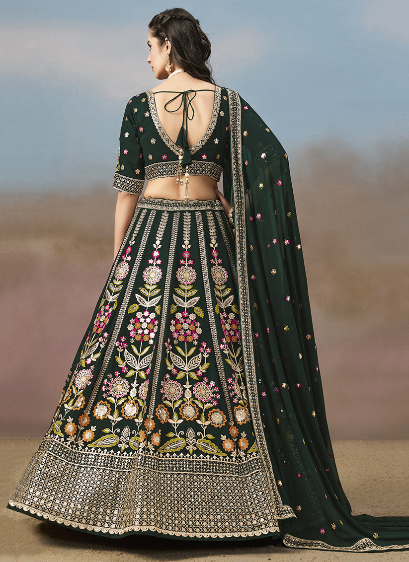 Bottle Green Designer Georgette Lehenga Choli Set for Wedding