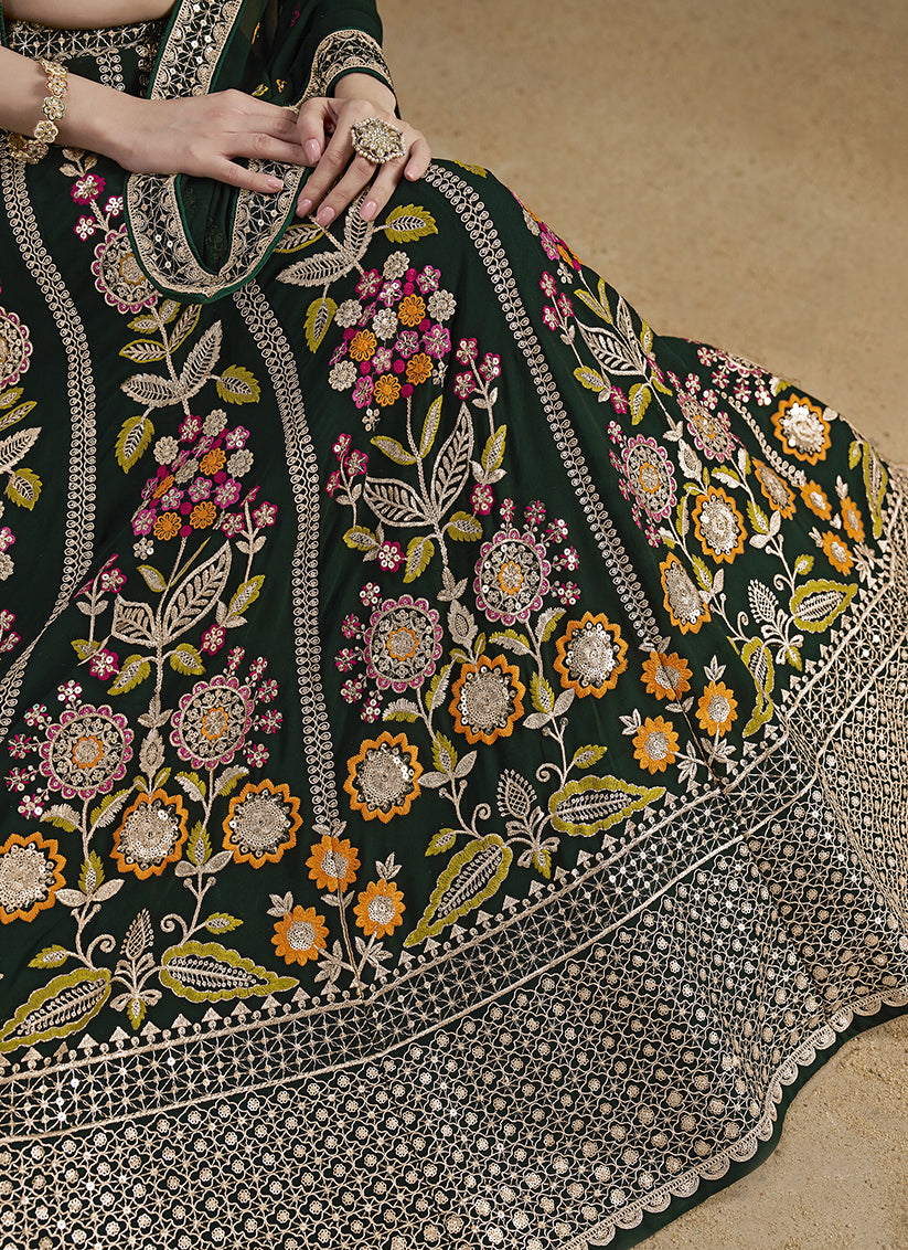 Bottle Green Designer Georgette Lehenga Choli Set for Wedding