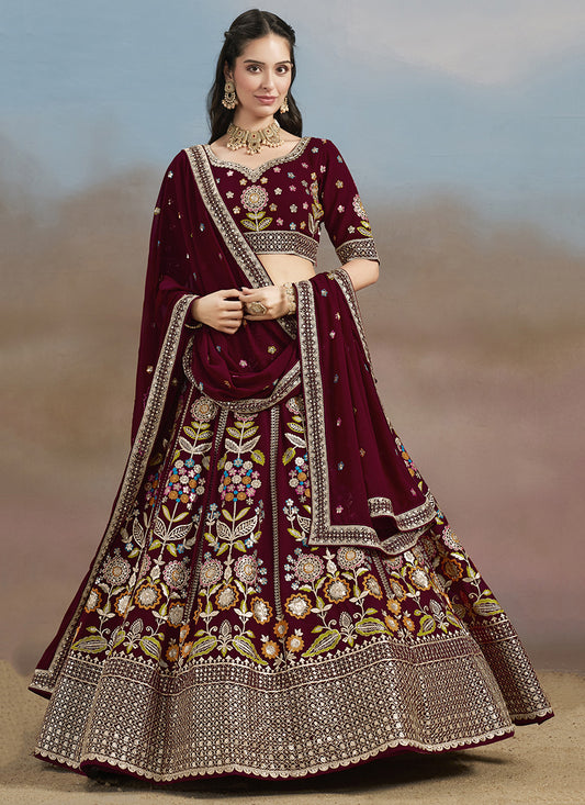 Maroon Designer Georgette Lehenga Choli Set for Wedding