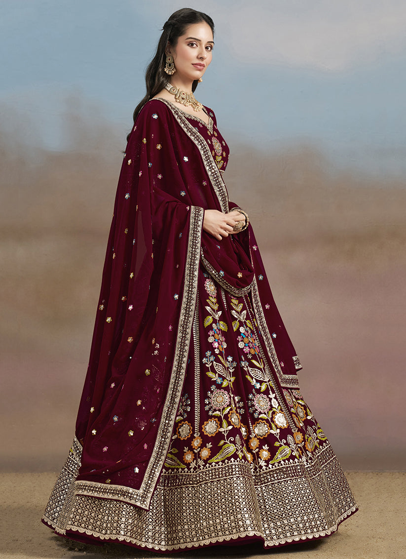 Maroon Designer Georgette Lehenga Choli Set for Wedding