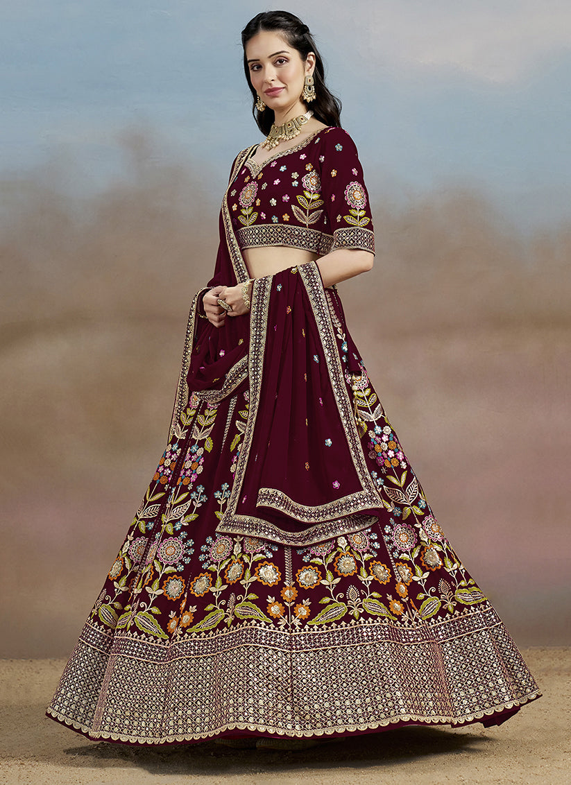Maroon Designer Georgette Lehenga Choli Set for Wedding