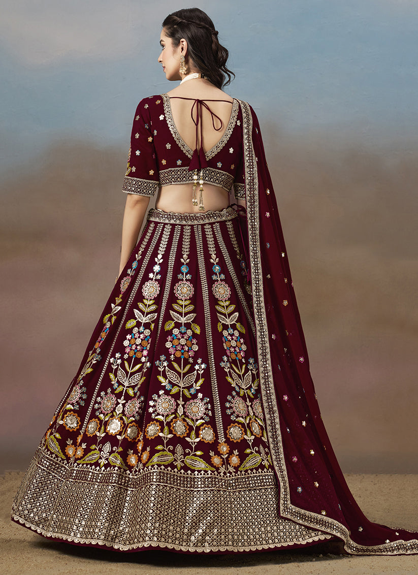 Maroon Designer Georgette Lehenga Choli Set for Wedding
