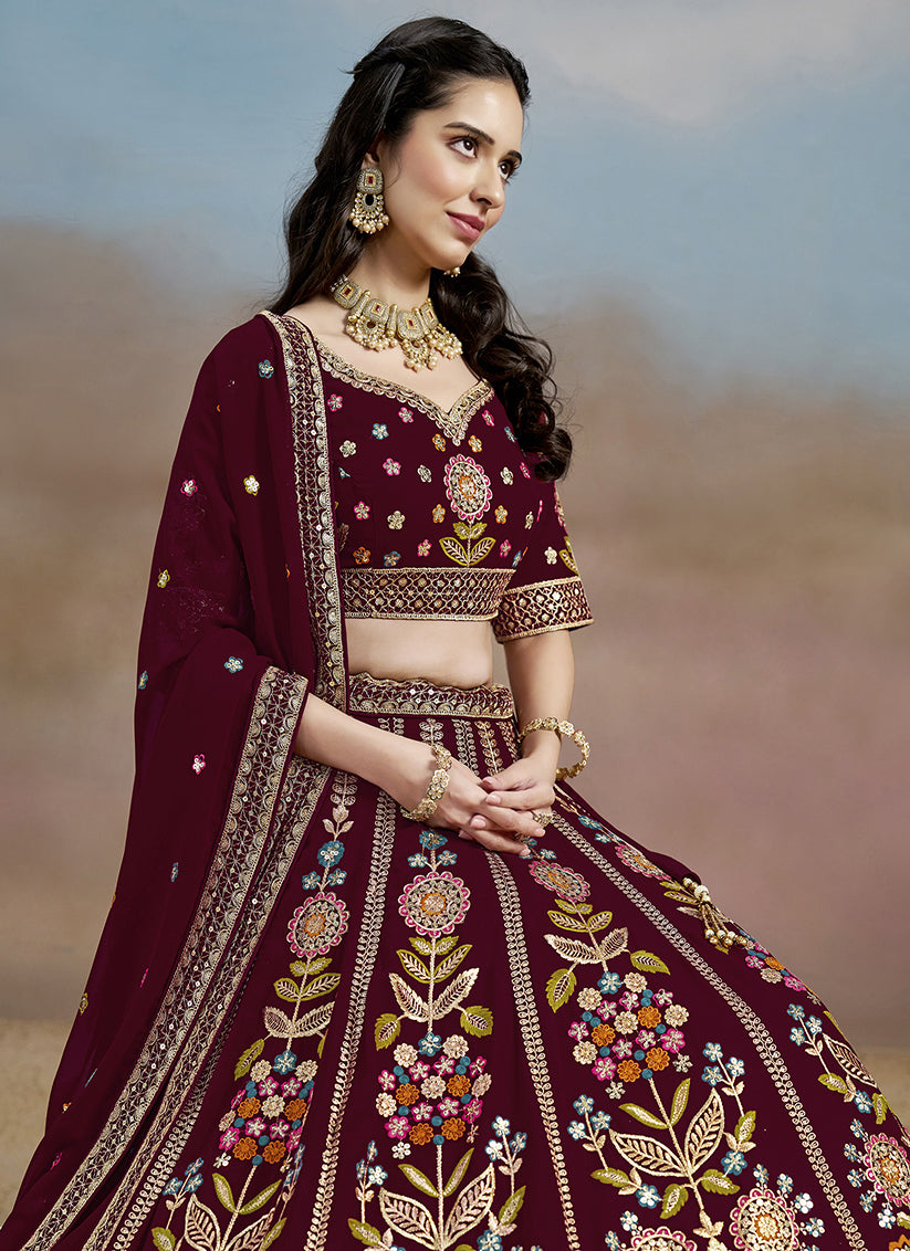 Maroon Designer Georgette Lehenga Choli Set for Wedding