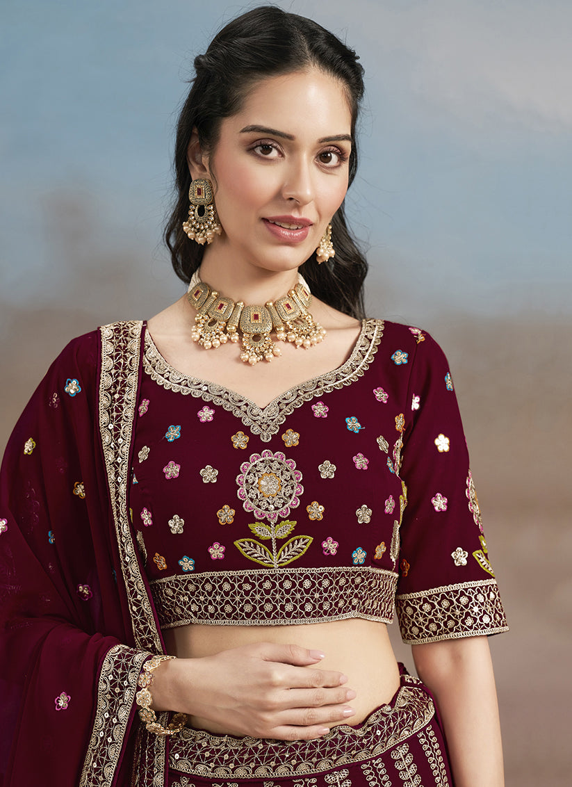 Maroon Designer Georgette Lehenga Choli Set for Wedding