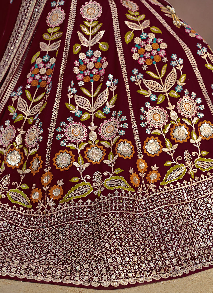 Maroon Designer Georgette Lehenga Choli Set for Wedding
