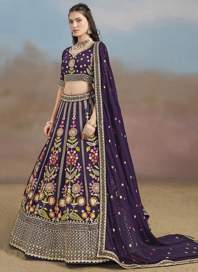 Purple Designer Georgette Lehenga Choli Set for Wedding