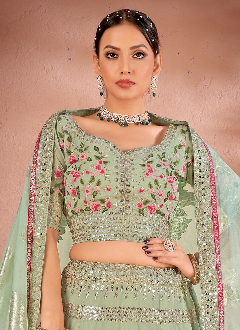 Pistachio Green Georgette Embroidered Designer Lehenga Choli