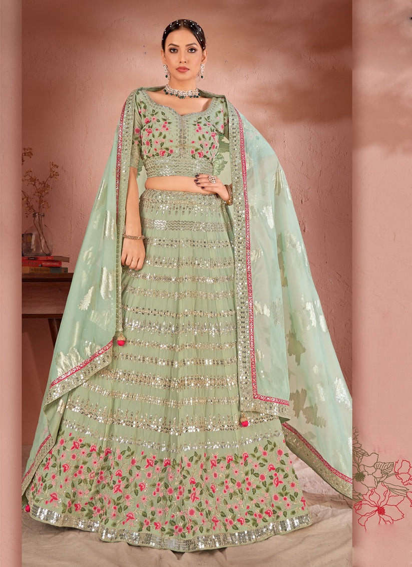 Pistachio Green Georgette Embroidered Designer Lehenga Choli