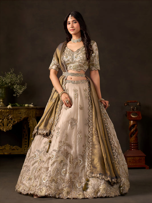 Bronze Gold Fendy Silk Embroidered Lehenga Choli