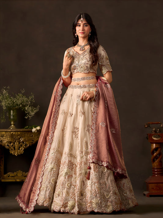 Copper Gold Fendy Silk Embroidered Lehenga Choli