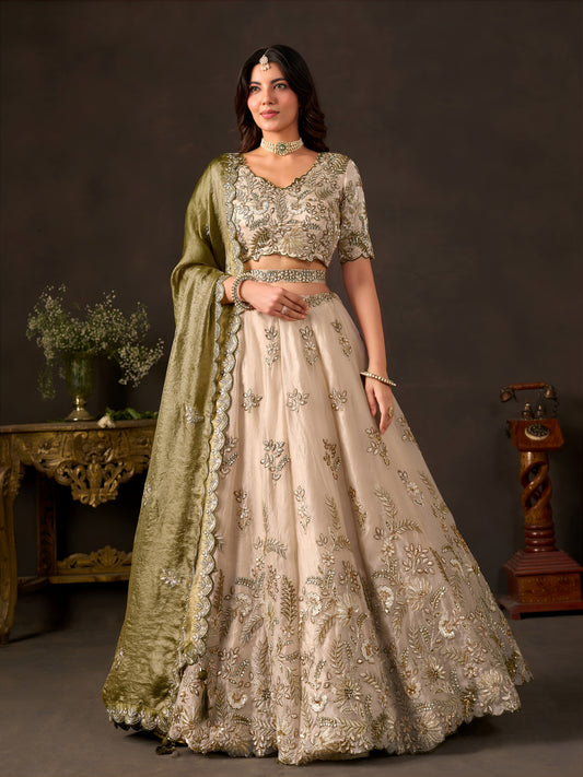 Olive Gold Fendy Silk Embroidered Lehenga Choli with Zari, Dori & Sequins