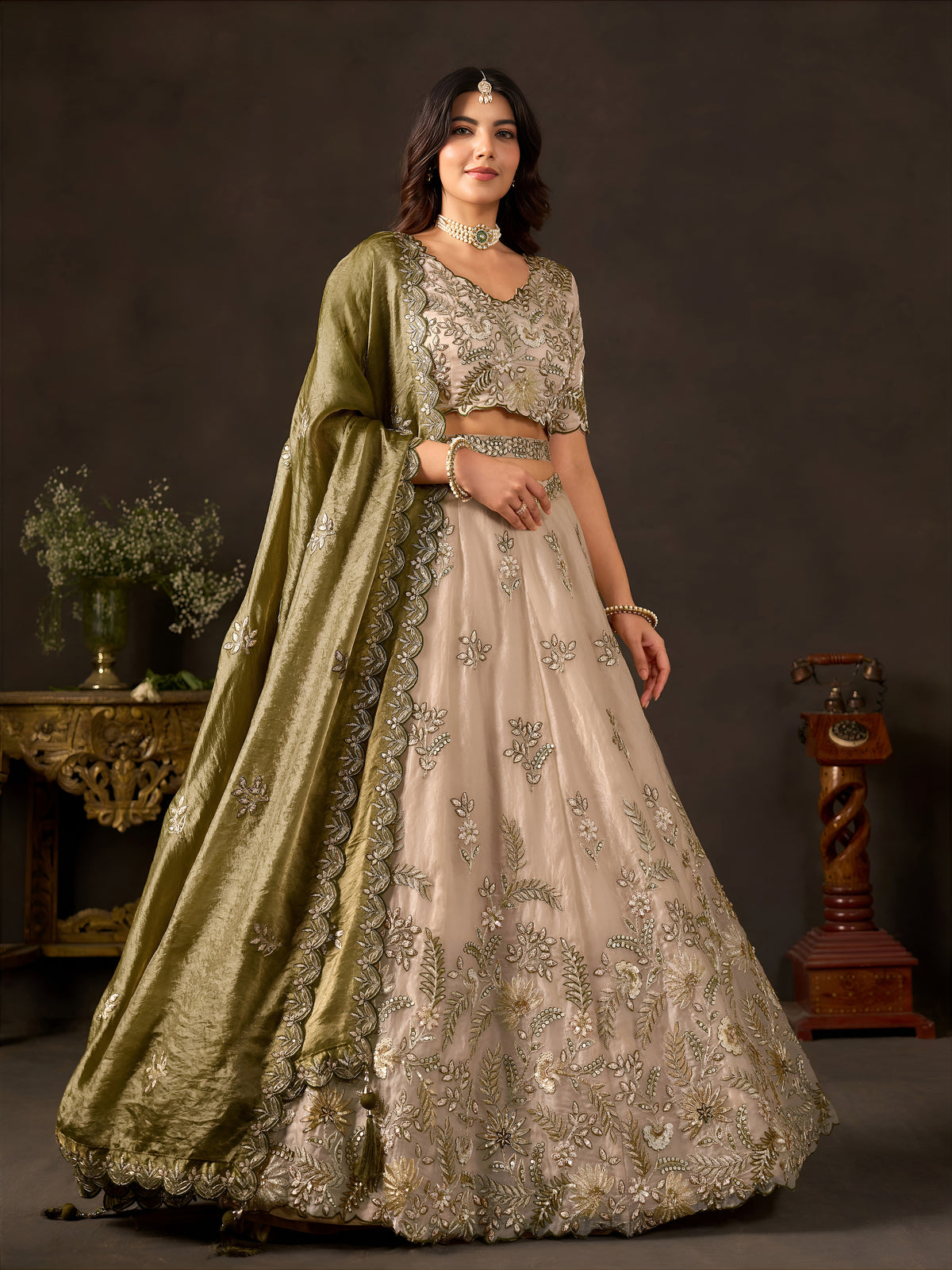 Olive Gold Fendy Silk Embroidered Lehenga Choli with Zari, Dori & Sequins