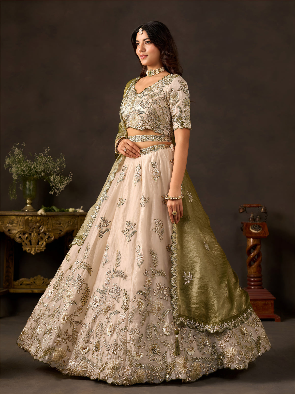 Olive Gold Fendy Silk Embroidered Lehenga Choli with Zari, Dori & Sequins