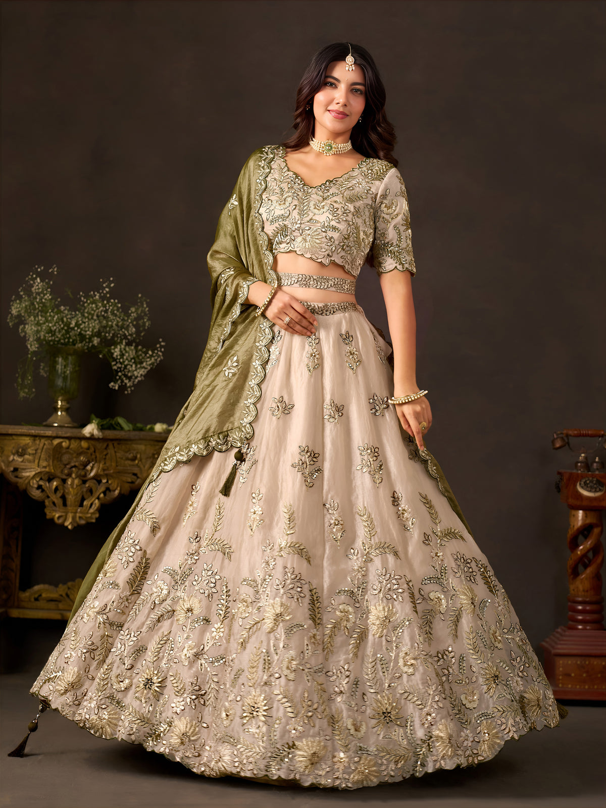 Olive Gold Fendy Silk Embroidered Lehenga Choli with Zari, Dori & Sequins