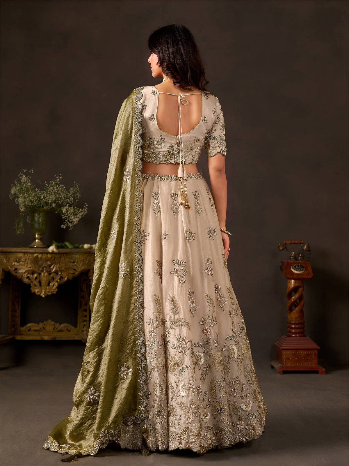 Olive Gold Fendy Silk Embroidered Lehenga Choli with Zari, Dori & Sequins