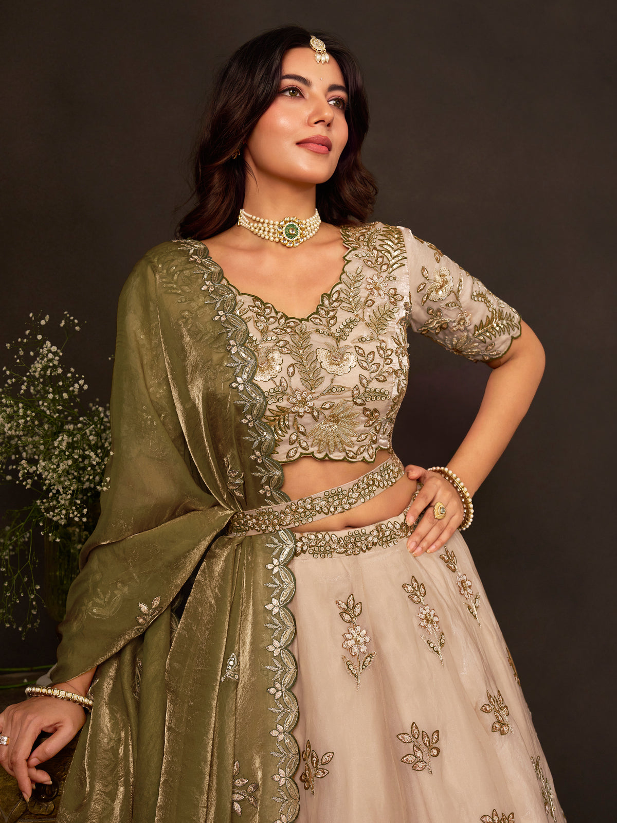 Olive Gold Fendy Silk Embroidered Lehenga Choli with Zari, Dori & Sequins