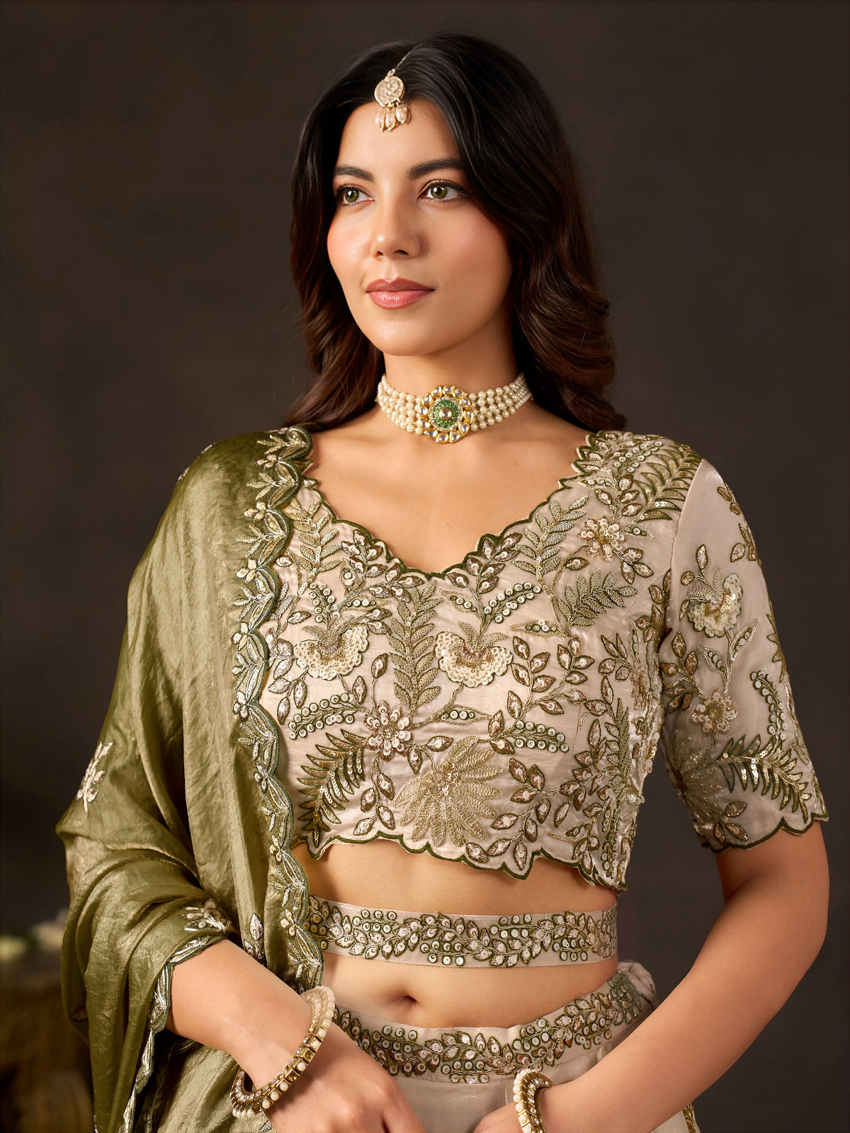 Olive Gold Fendy Silk Embroidered Lehenga Choli with Zari, Dori & Sequins