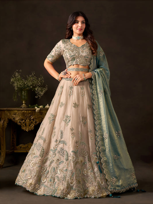Teal Gold Fendy Silk Embroidered Lehenga Choli