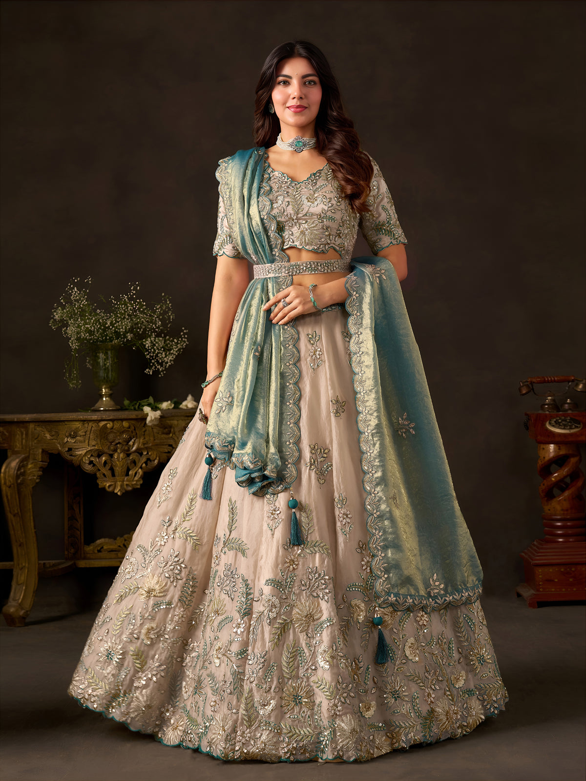 Teal Gold Fendy Silk Embroidered Lehenga Choli