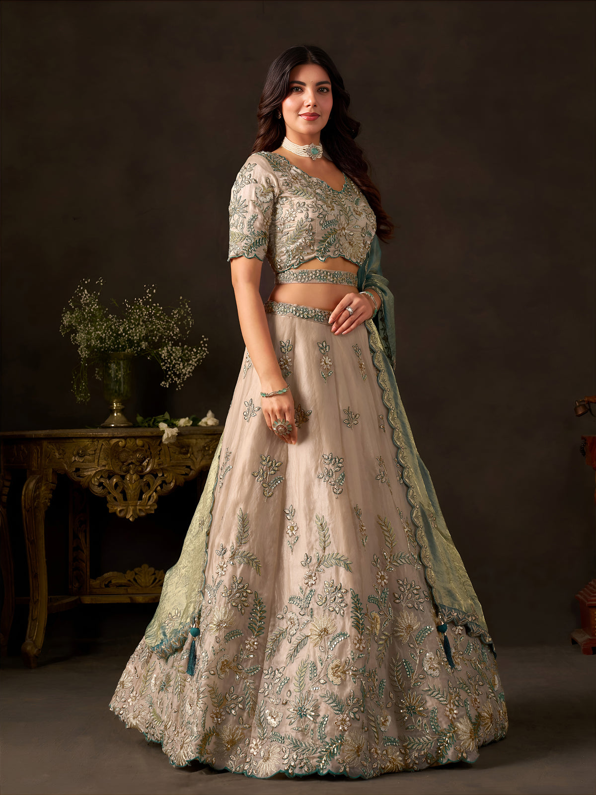 Teal Gold Fendy Silk Embroidered Lehenga Choli