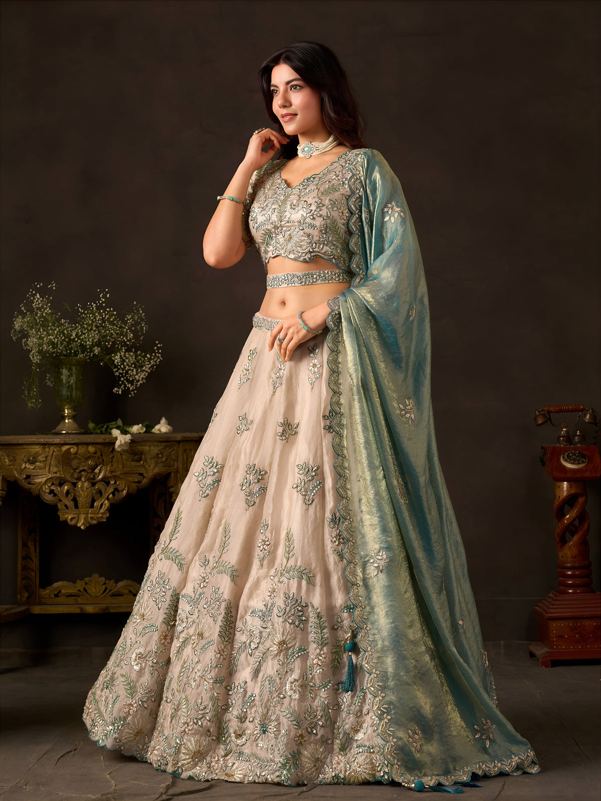 Teal Gold Fendy Silk Embroidered Lehenga Choli