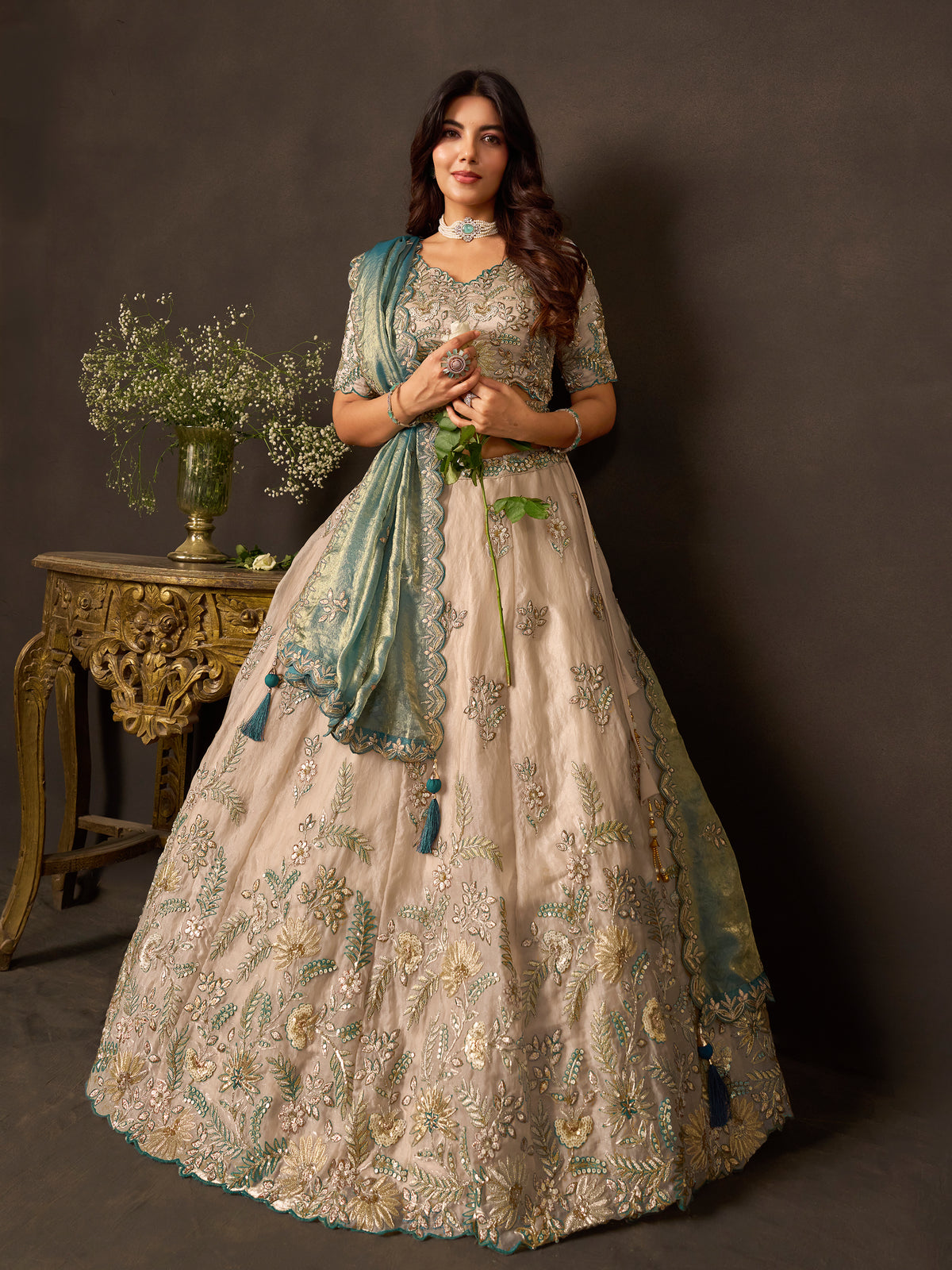 Teal Gold Fendy Silk Embroidered Lehenga Choli