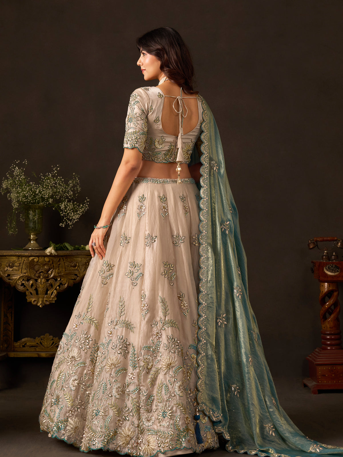 Teal Gold Fendy Silk Embroidered Lehenga Choli