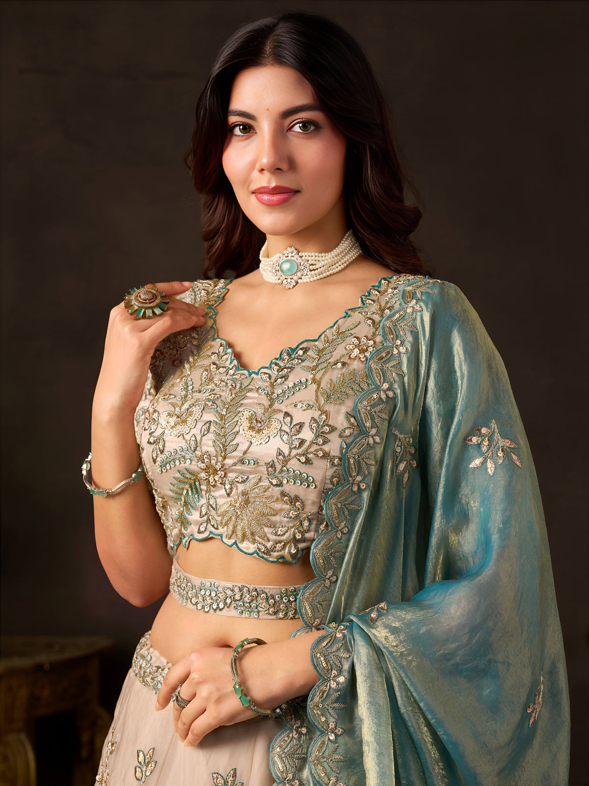 Teal Gold Fendy Silk Embroidered Lehenga Choli